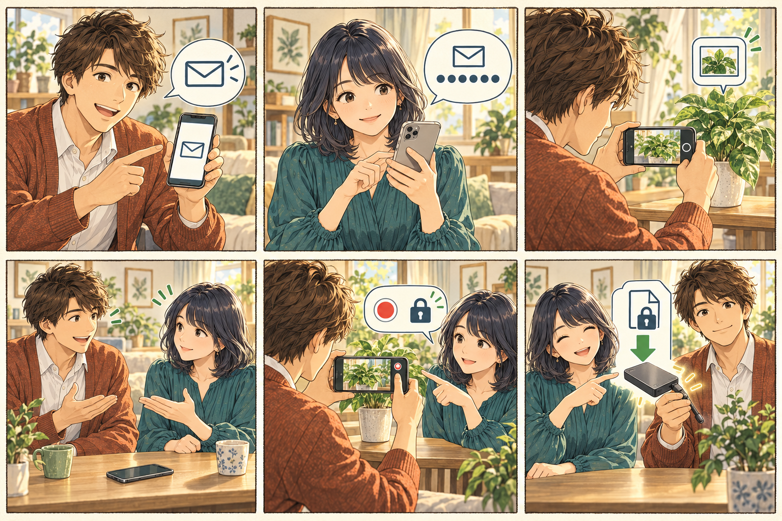 服を着た成人の男女が、スマートフォンと鍵のかかった記録ファイルを示してRECryptorの使い方を案内する。